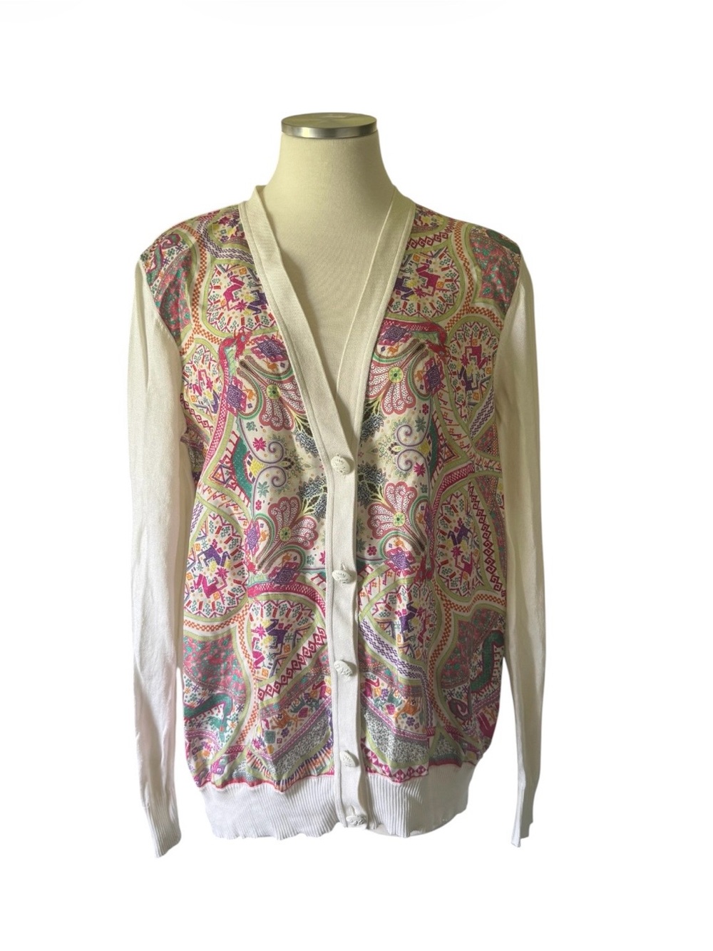 Etro White Cardigan with Pink Multicolor Paisley Front